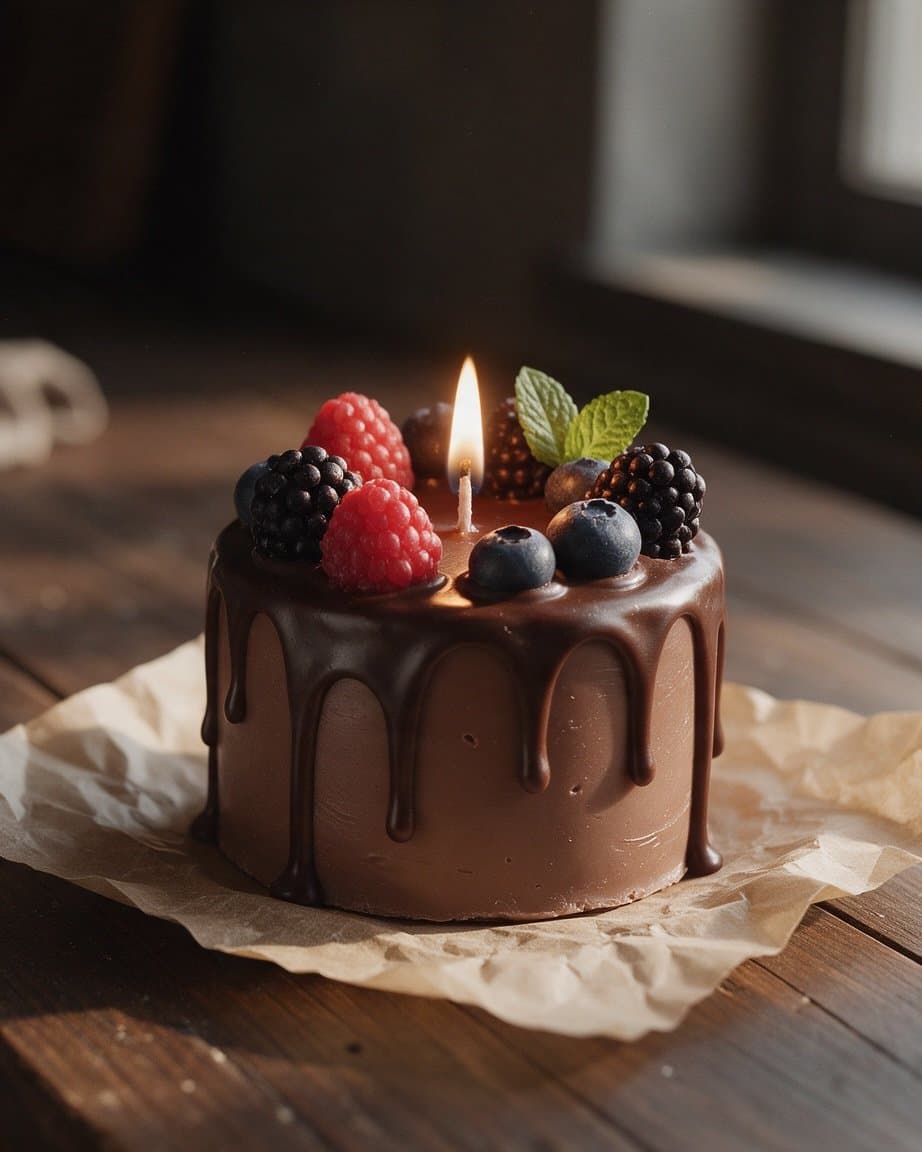Lit chocolate drip cake candle topped with wax raspberries, blackberries and blueberries
