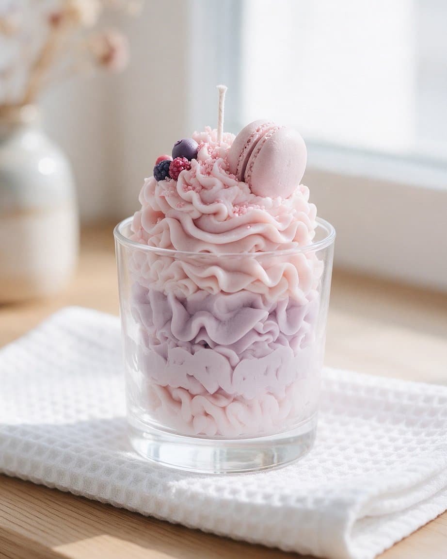 Whipped pastel pink and lilac wax candle in a glass jar topped with a wax macaron and berries